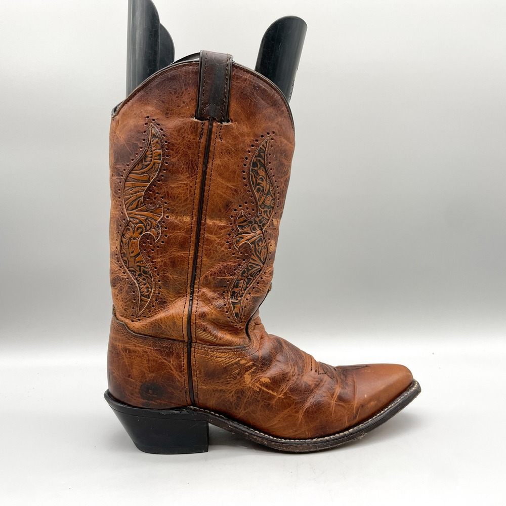 Abilene Boot Womens 9.5 M Vintage Tooled Inlay Western Cowboy Brown Rodeo Ranch
